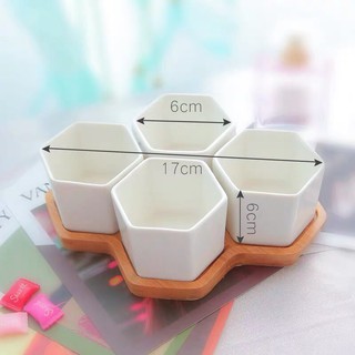 Set chậu sứ trắng để bàn [Tặng kèm khay gỗ]