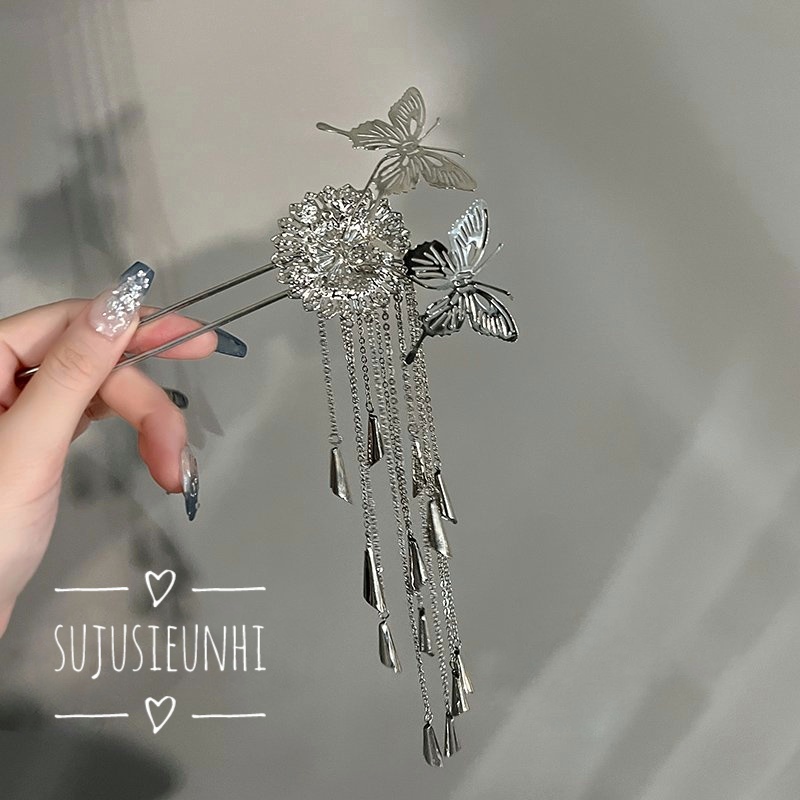 Trâm cài đầu hình bướm và hoa cúc có chuông kêu tua rua thả dài, cài tóc cosplay cổ trang