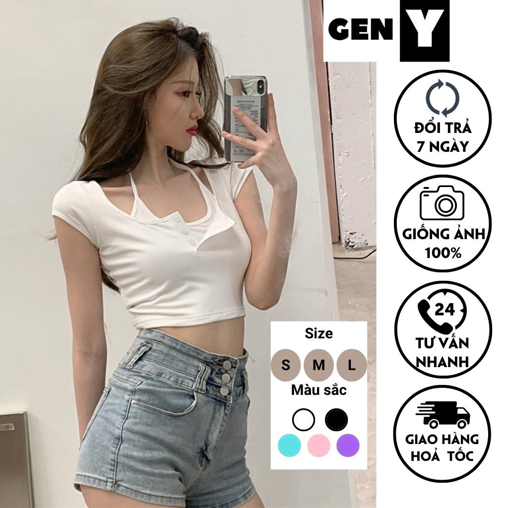 Áo croptop nữ ngắn tay cổ giả yếm GenY - Áo Kiểu Nữ ôm body Vạt Bầu Chất Thun Gân Mềm Mịn