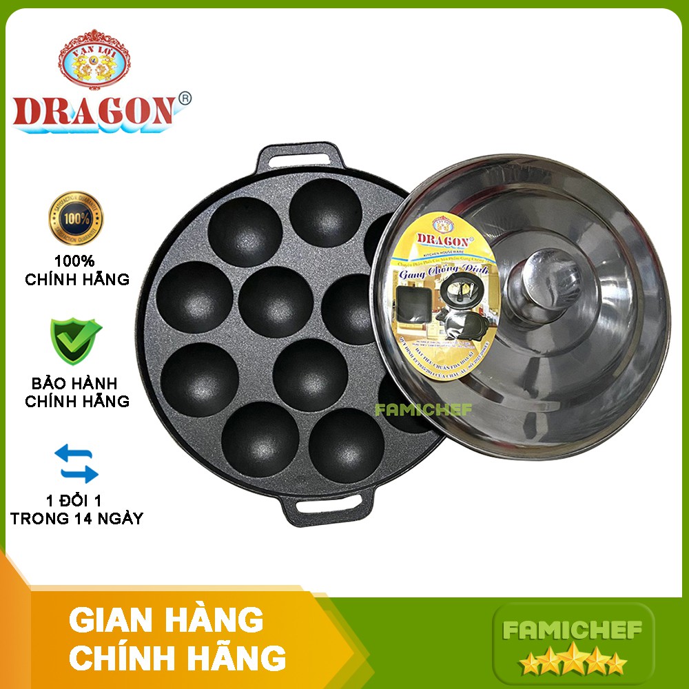 Khuôn bánh khọt chống dính 12 lỗ nắp Inox Dragon D019