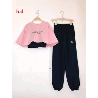 Set bộ croptop 2 món unknow + quần bom chun gấu spun