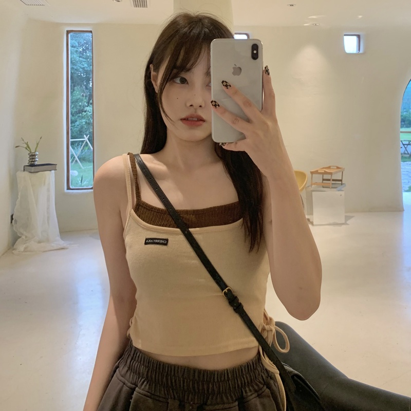 Áo Tank Top Giả Hai Lớp Dáng Ngắn Phong Cách Retro Mùa Hè Cho Nữ