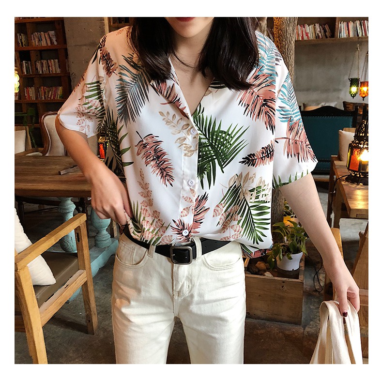 Áo sơ mi IELGY tay ngắn họa tiết lá thời trang trẻ trung dành cho nữ