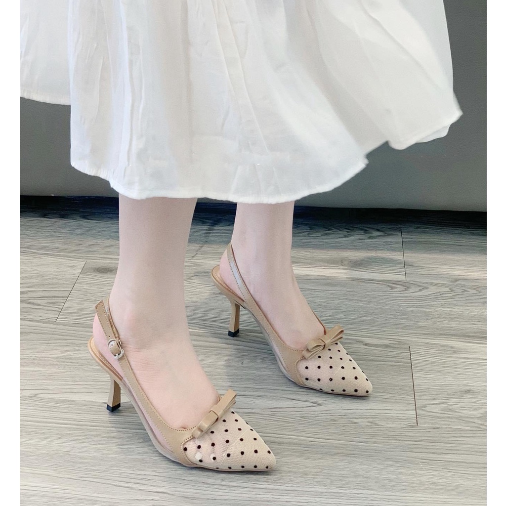 Giày cao gót nữ mũi nhọn 7p lưới châm bi tiểu thư, dáng slingback xinh xắn thoáng chân