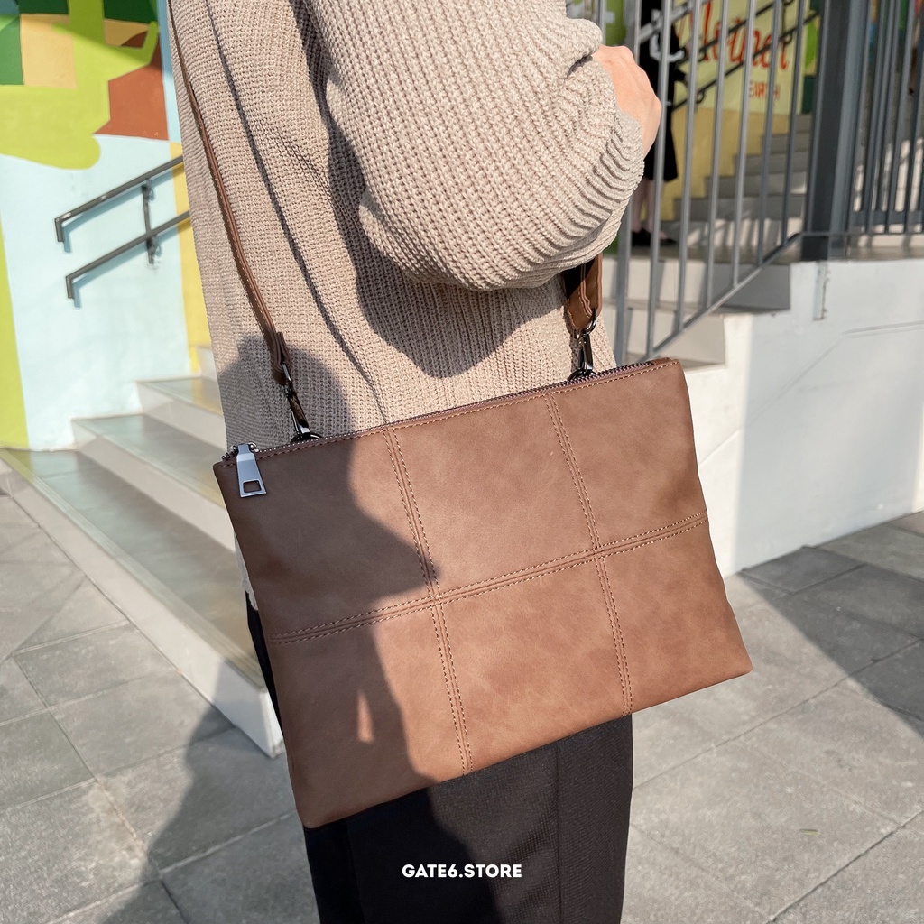 Túi xách da Nam Nữ EW, túi đeo chéo dạng clutch có dây da PU đi kèm, họa tiết sọc ô lớn tối giản Hàn Quốc GATE6 - K6688