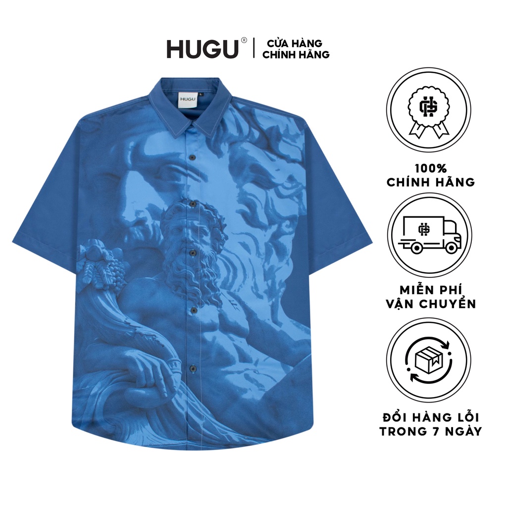 Áo sơ mi lụa satin in họa tiết HUGU Blue Men chất liệu vải không nhàu thoáng mát