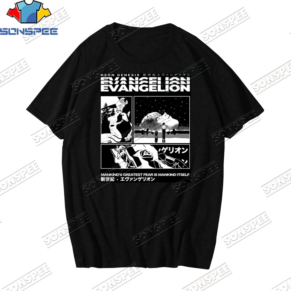 Áo Thun Đen Cổ Tròn In Hình Sonspee Evangelion Vui Nhộn Phong Cách Harajuku Thời Trang Mùa Hè Cho Nam Và Nữ