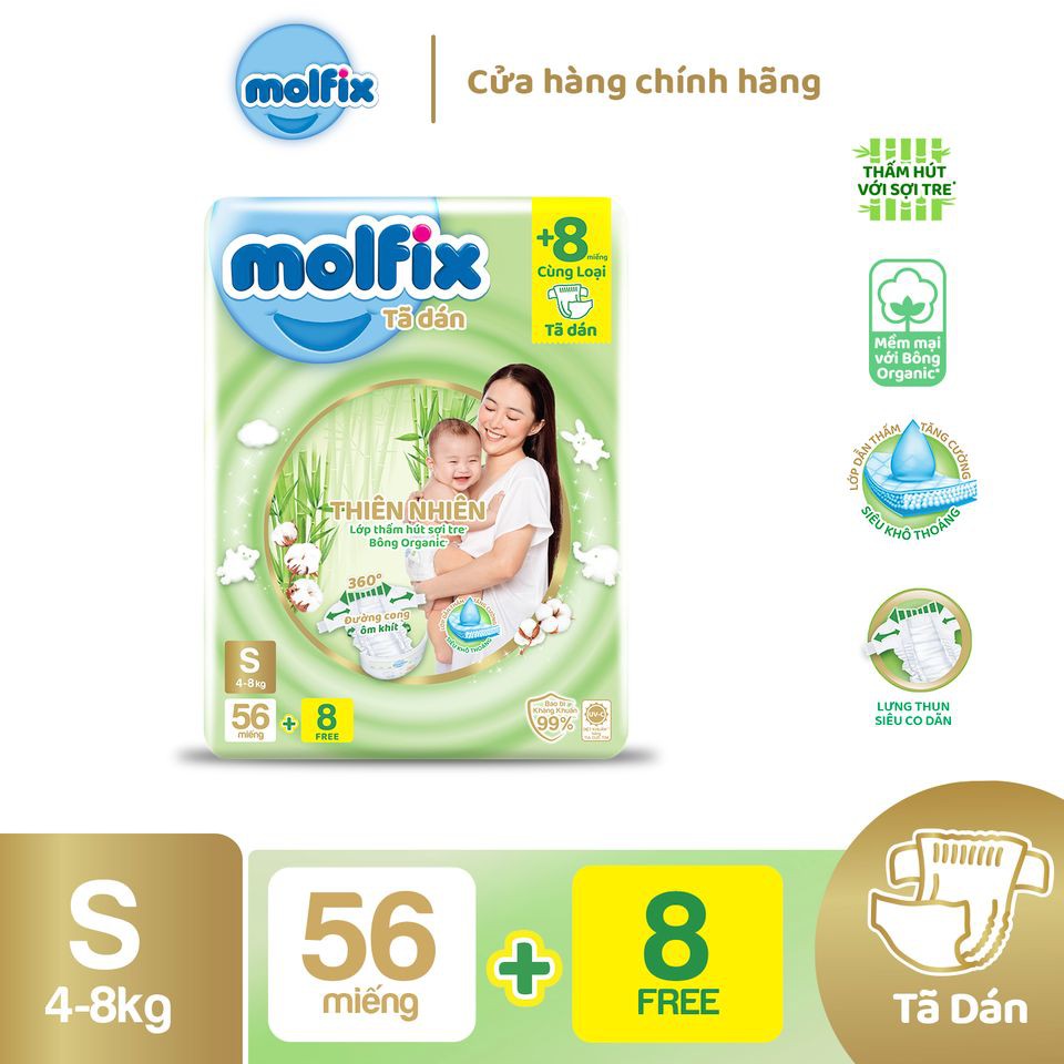 Bỉm Molfix bỉm dán thiên nhiên an toàn bông tự nhiên- Jumbo S - Gói 64 miếng