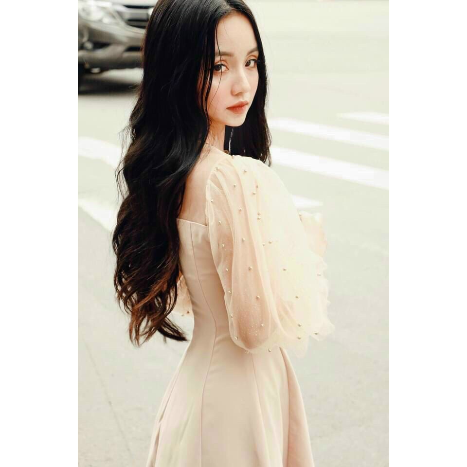 Đầm phối lưới tay bồng