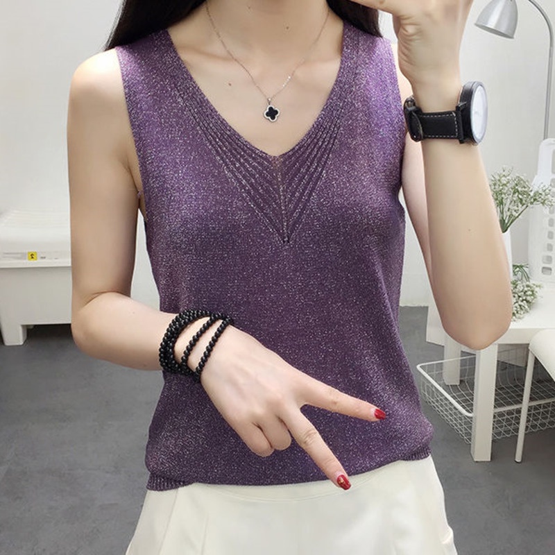 Áo Yếm Dệt Kim Vải Lụa Lạnh 153214 Áo Sát Nách Cổ Chữ v Vải Lụa Thiết Kế Đơn Giản Thời Trang Mùa Hè Cao Cấp