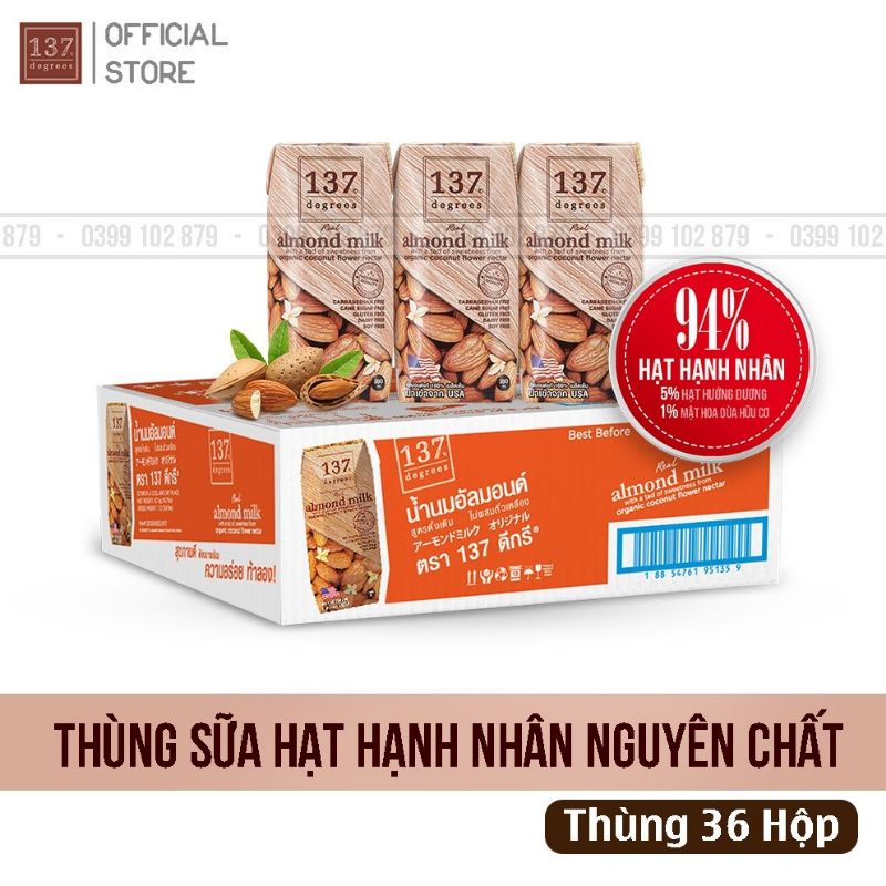 (1 thùng = 36 hộp)Sữa hạt 137 DEGREES hạnh nhân nguyên chất - hộp 180ml