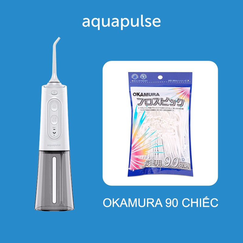 Combo máy tăm nước Aquapulse A600 và tăm chỉ nha khoa Okamura túi 90c