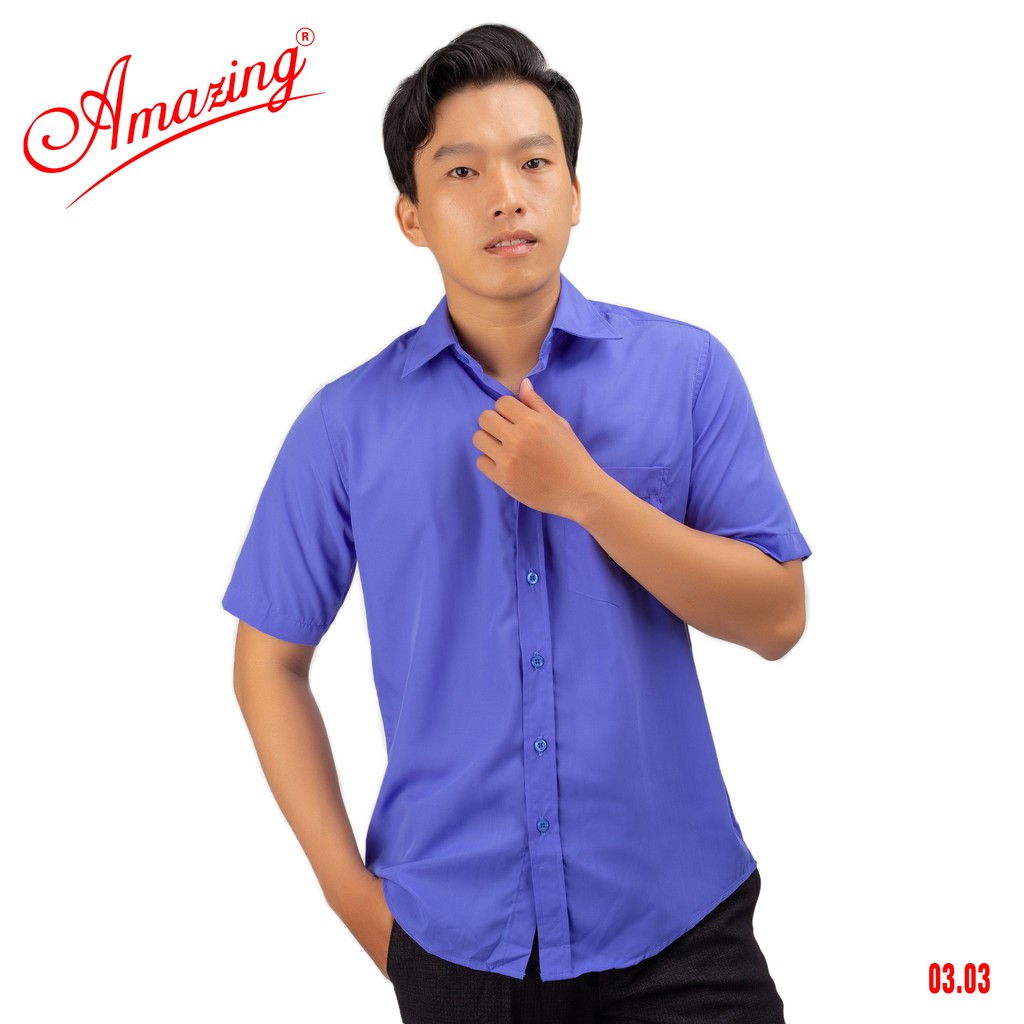 Áo somi nam màu trơn tay ngắn Amazing, vạt bầu, chất vải mềm mại, nhẹ nhàng, thời trang trung niên cao cấp