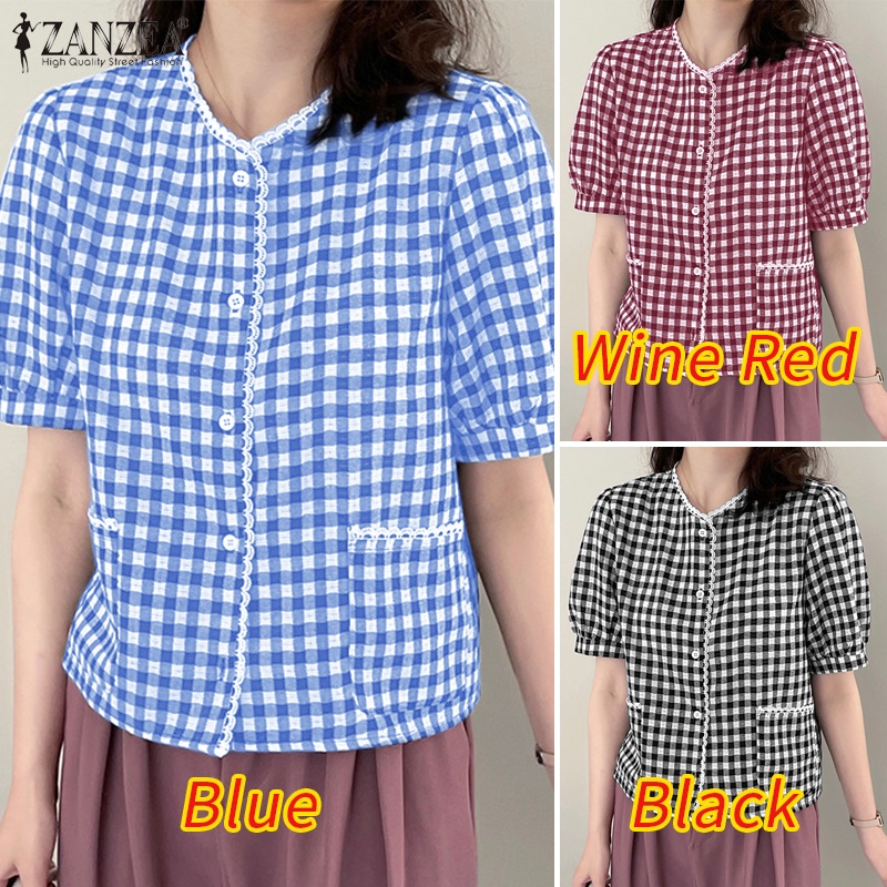 Zanzea Áo Sơ Mi Ngắn Tay Cổ V Họa Tiết Ca Rô Phong Cách Hàn Quốc Dành Cho Nữ