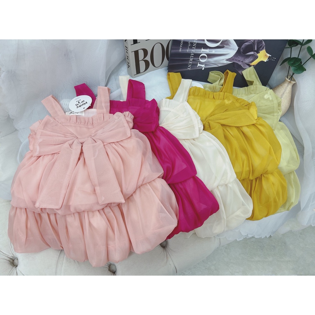 Váy 2 dây nơ bé gái, váy 2 dây tơ sống 5 màu tầng bồng xếp ly xịn xò cho bé