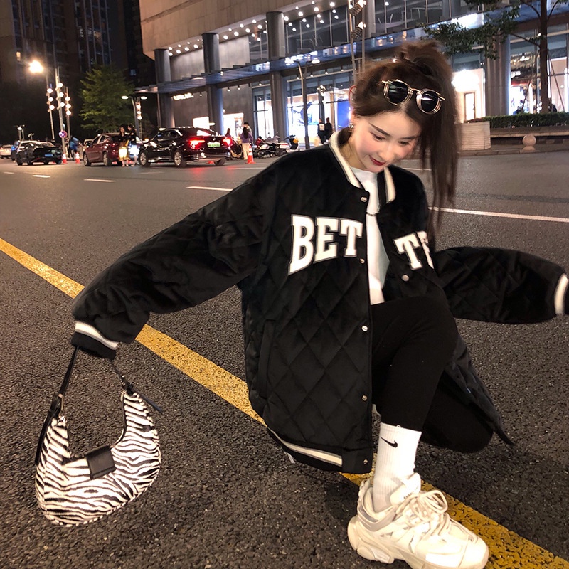 Áo khoác bomber WONHARIM phao trần bông quả chám thêu chữ Giant, áo bomer bóng chày thêu chữ cá tính