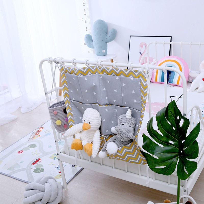 LIVI Bed Hanging Storage Bag Baby Cot Cotton Holder Organizer 50x50cm Diaper Pocket for Crib Bedding