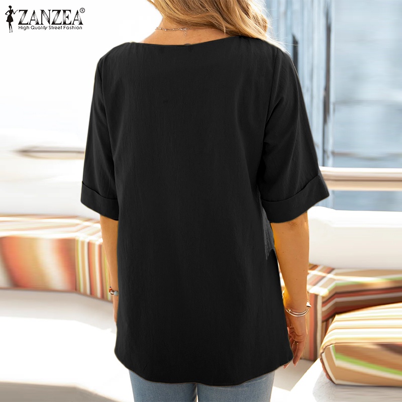 ZANZEA Áo Sơ Mi Tay Lửng 3 / 4 Có Túi Thời Trang Cho Nữ