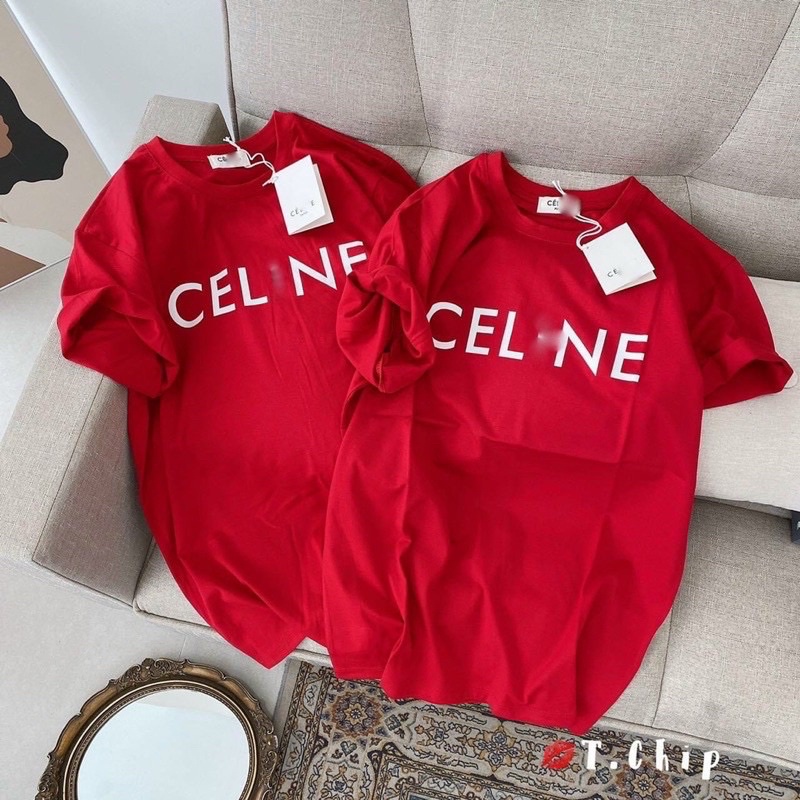 Áo thun form rộng giấy in chữ C E tay ngắn cổ tròn