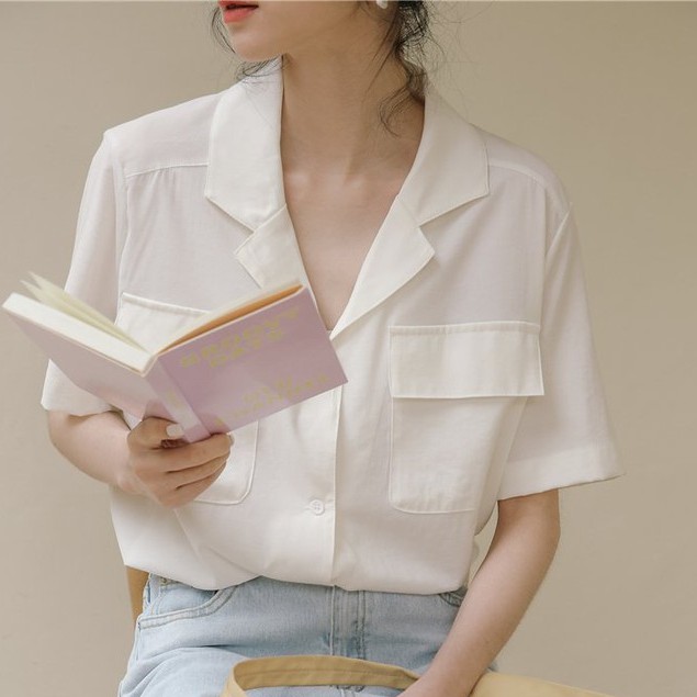 Áo sơ mi nữ cổ vest cộc tay oversize 2 túi ngực, Áo sơ mi nữ cổ vest tay ngắn trơn thiết kế 2 túi nắp ngực Hàn Quốc