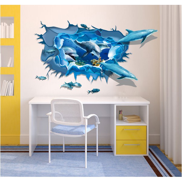 Decal trang trí tường - Cá Heo Xanh 3D