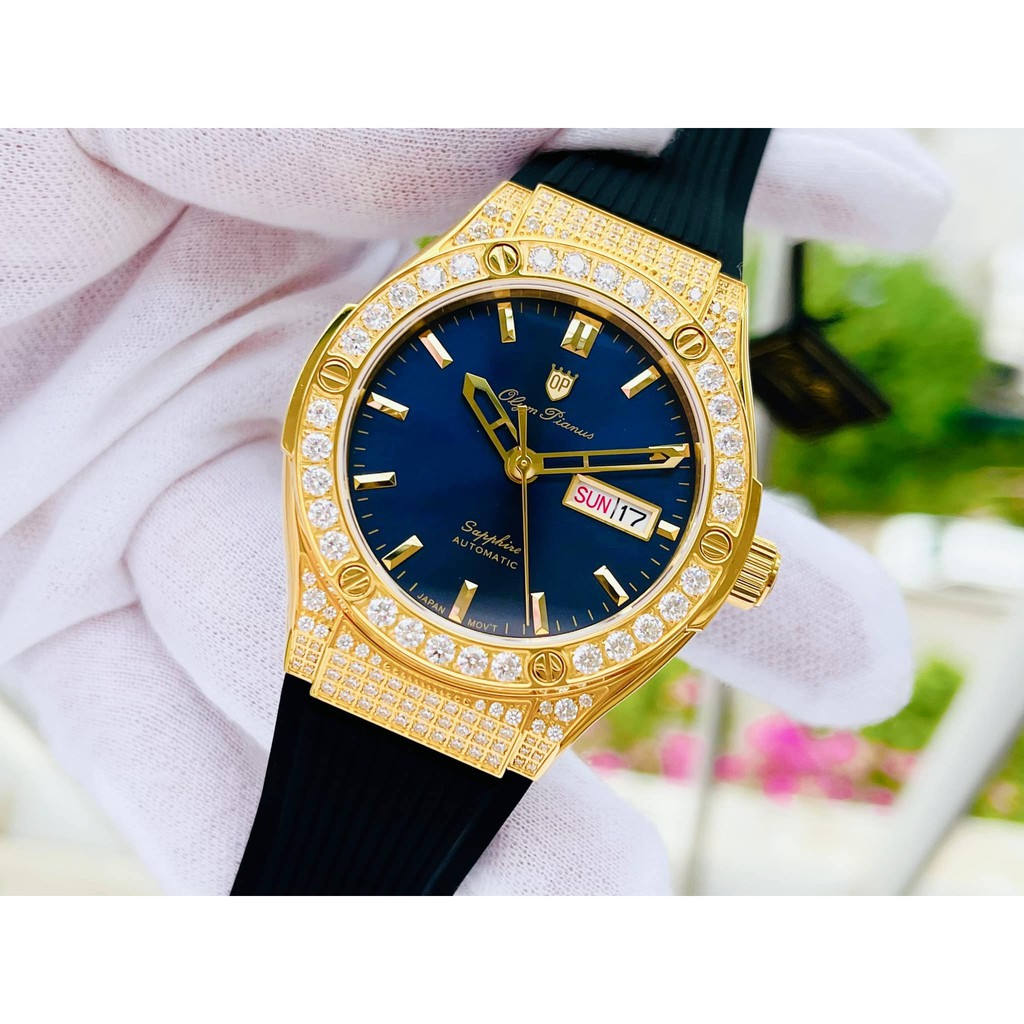 Đồng hồ nam Olym Pianus OP990-45ADGK-X mặt xanh, viền vàng; Thiết kế kiểu dáng Hublot; New100, Fullbox: Bảo hành 2 năm