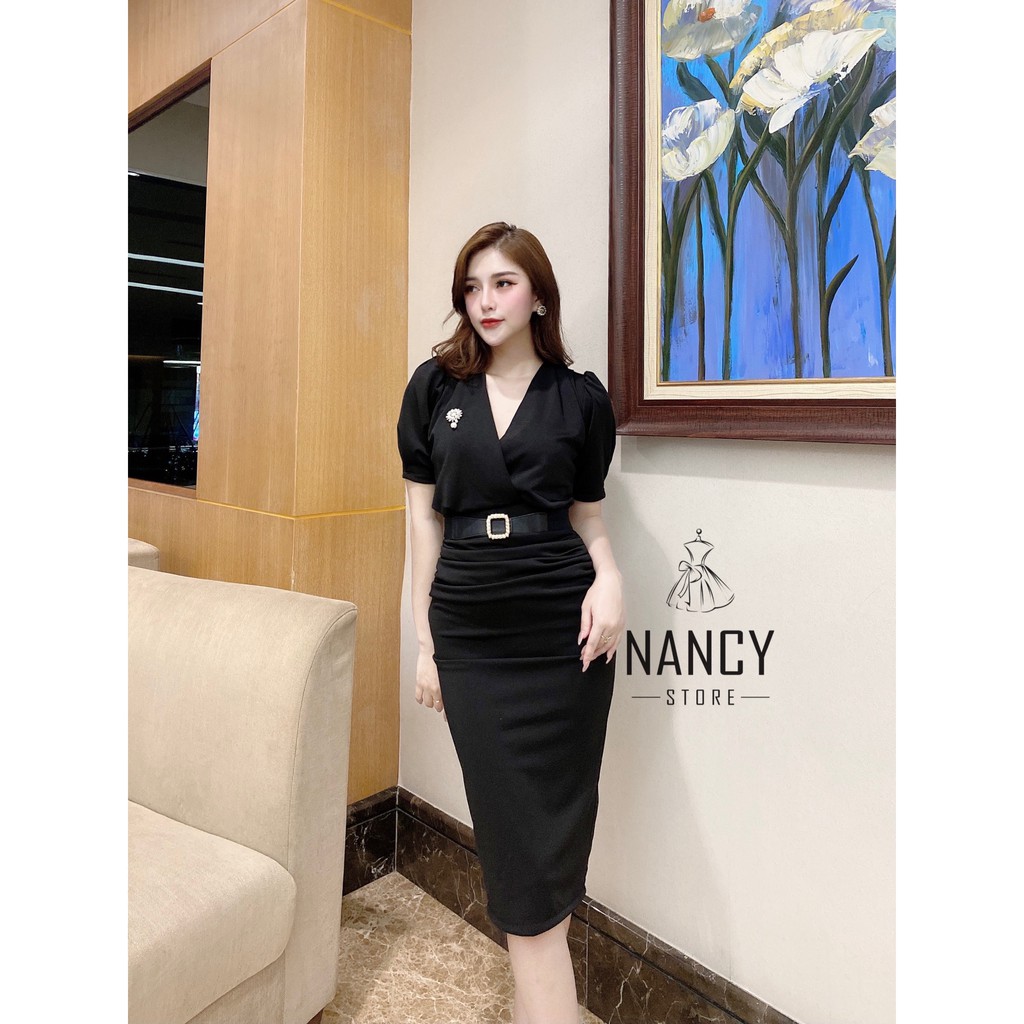 Đầm váy nữ body cổ chéo, tay ngắn, hoa ngực, ngọc đính eo cao cấp sang chảnh dự tiệc màu đỏ đen công sở Nancy A47