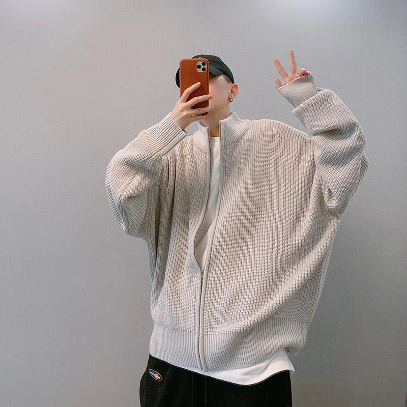 Áo Khoác Cardigan Dệt Kim Dáng Rộng Cổ Đứng Phối Khóa Kéo Phong Cách Nhật Bản Thời Trang Cho Nam Và Nữ