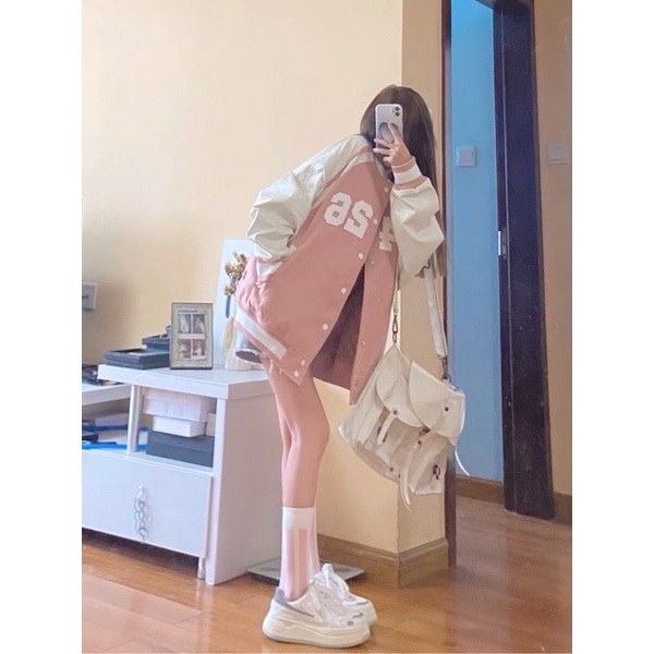 🍒 Áo khoác bóng chày màu hồng và trắng nữ mùa xuân và mùa thu mới áo khoác mùa đông Nhật Bản hoang dã 🍒