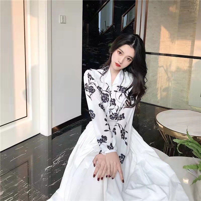 Set áo sơ mi dài tay cổ chữ V + chân váy dài lưng cao thời trang Hàn Quốc cho nữ (có bán lẻ)