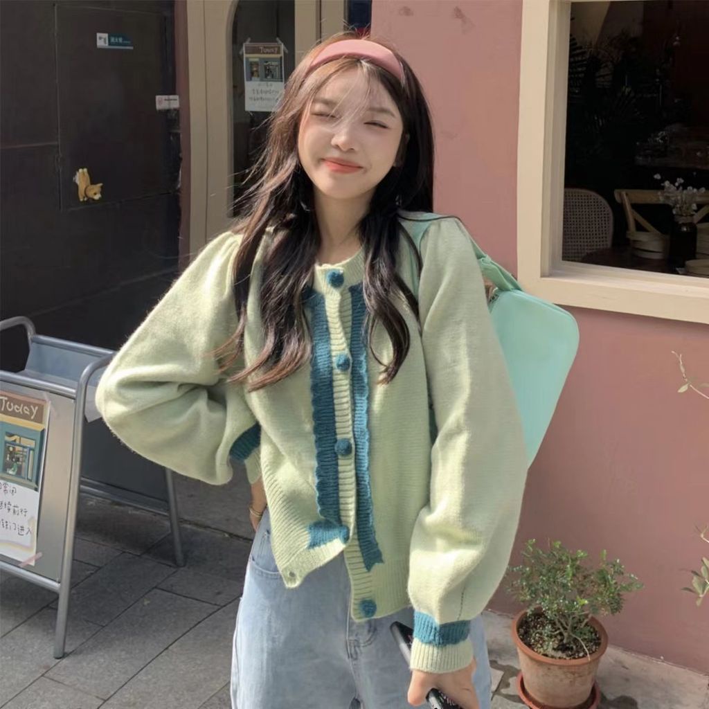 Áo Khoác cardigan Dệt Kim Màu Xanh matcha Phong Cách Hàn Quốc Ngọt Ngào Thời Trang Mùa Thu Cho Phụ Nữ Trung Niên