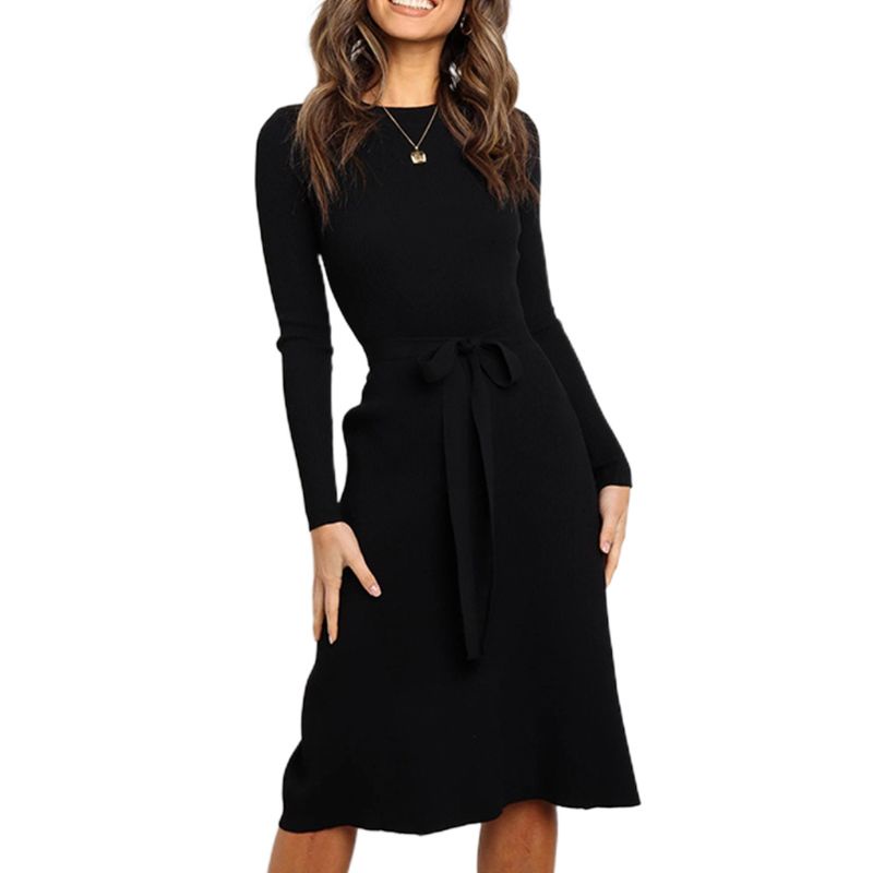 Xiangbao Đầm Midi Dệt Kim Dáng Dài Ôm Eo Có Gân Mùa Thu Cho Nữ