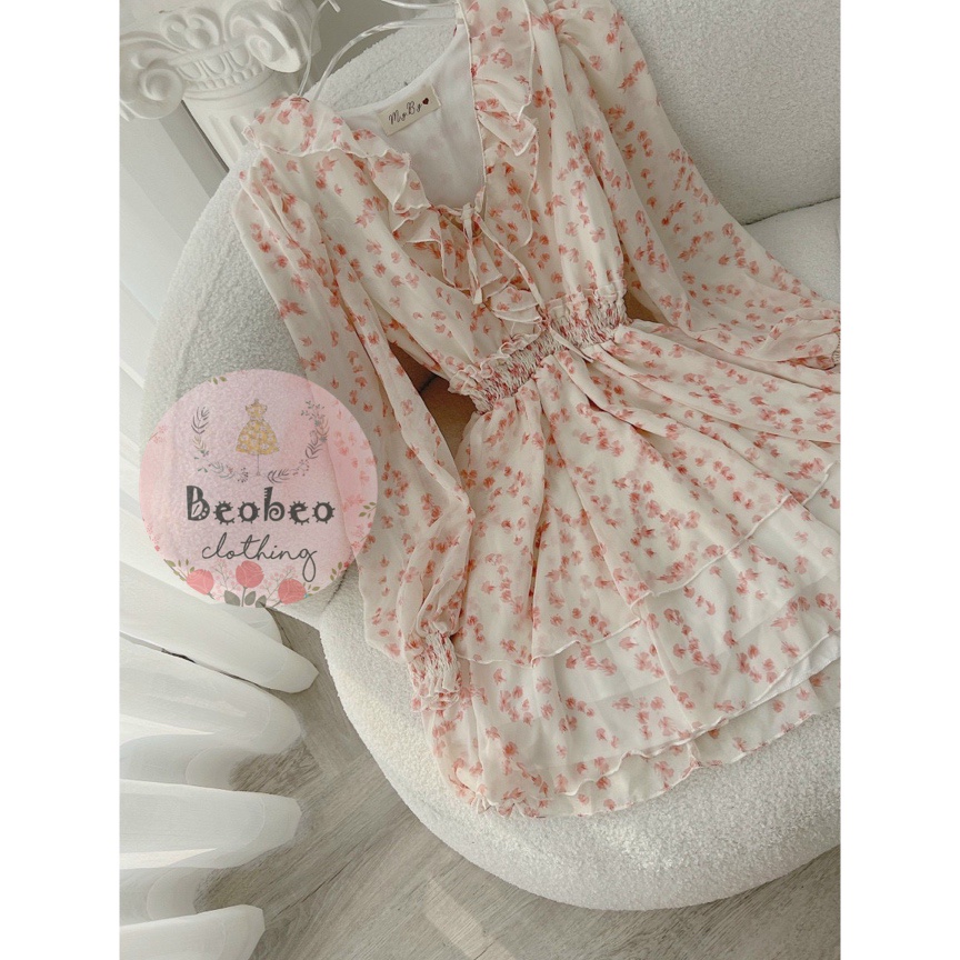 Đầm voan hoa nhí cổ v bèo tay bo xoè tầng vintage