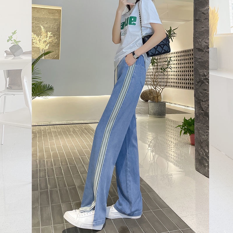 Quần Jean Dài Vải Lụa Lạnh Mỏng Ống Rộng Lưng Cao Xẻ Tà Thời Trang Mùa Hè Cho Nữ 0531