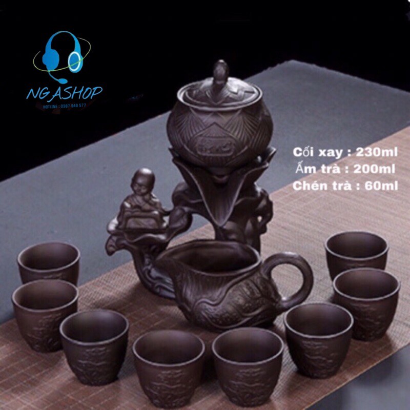 Bộ ấm chén pha trà đẹp Cối xay gốm tử sa,Bộ chén uống trà đạo độc lạ 11 chi tiết,Chú tiểu ngồi đọc sách trên đài sen
