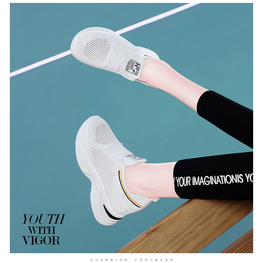 Giày thể thao nữ sneakers độn đế vải lưới 2 màu đen trắng cực đẹp