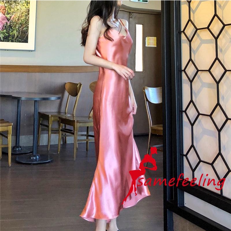 SF♫Women´s Satin Sleeveless Suspender Dress V-Neck Fishtail Design Long Dress