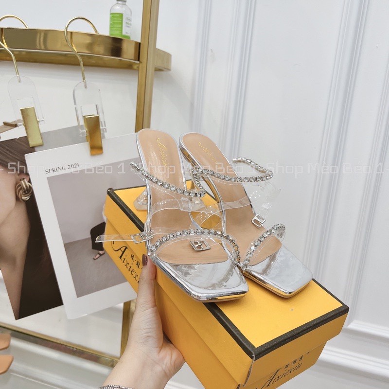 Giày sandal nữ HALEY STORE gót 9cm trong suốt hai quai đính đá xoàn phale tiểu thư công chúa hottrend tiệc cưới