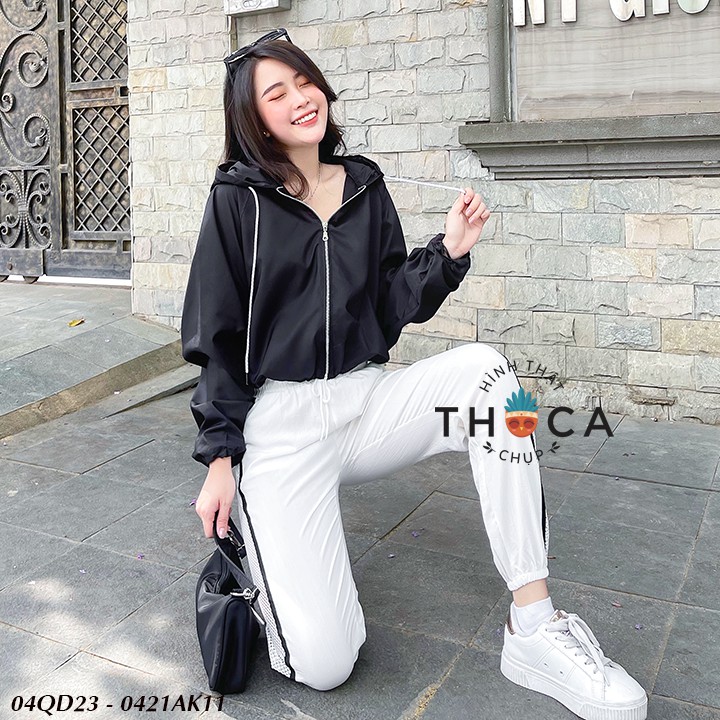 Quần jogger thể thao nữ sọc lưới bên trắng, đen THOCA HOUSE thun co giãn thoải mái