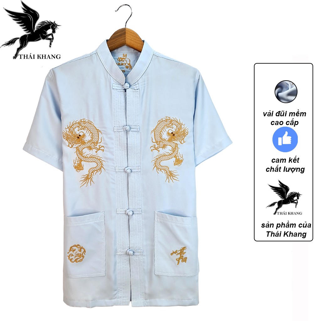 Áo sơ mi cổ trụ trung niên nam vải Đũi mịn thiêu rồng cao cấp loại áo sơ mi trung niên form rộng thoải mái OG4 | BigBuy360 - bigbuy360.vn