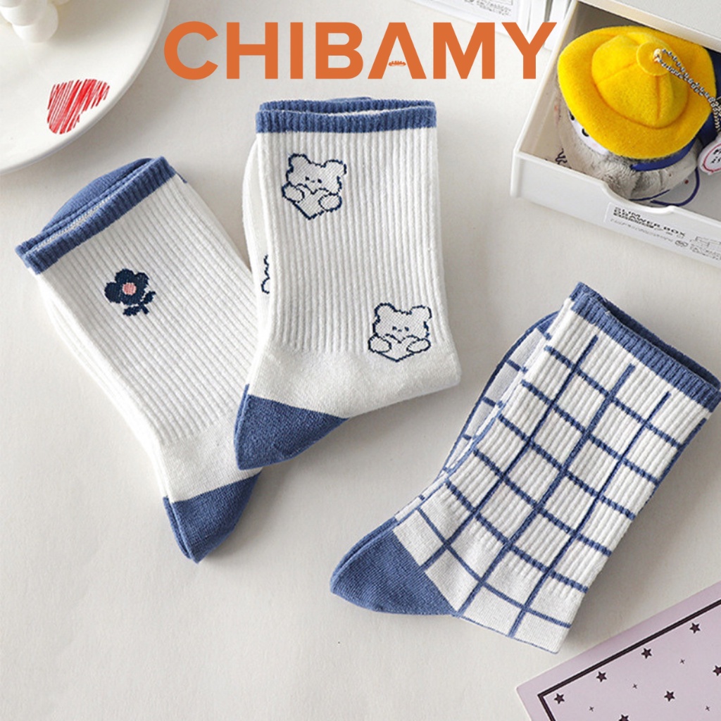 Tất vớ nữ Hàn Quốc cổ cao GẤU XANH phong cách vintage nhiều họa tiết kết hợp giày búp bê, giày thể thao CHIBAMY