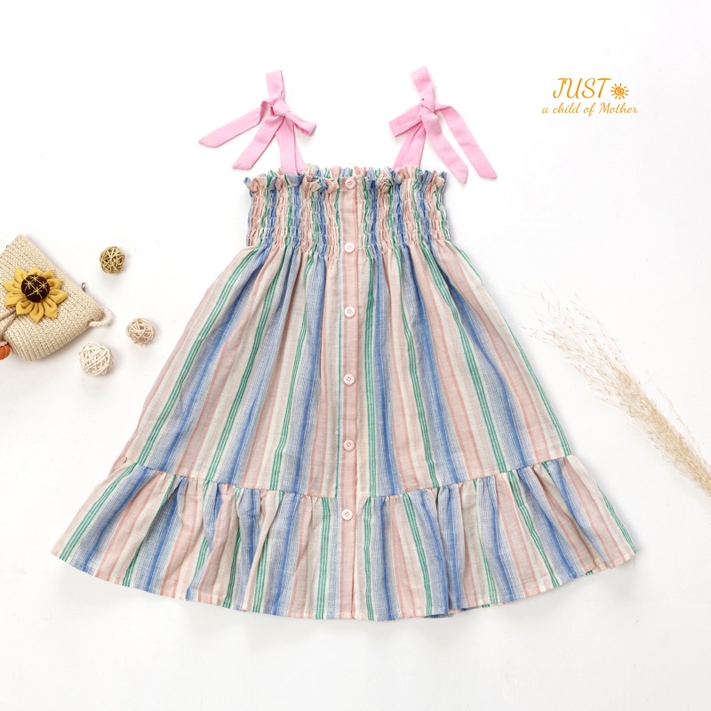 Váy cho bé gái, váy 2 Dây chun  Smocking ngang ngực, buộc nơ vai xinh xắn