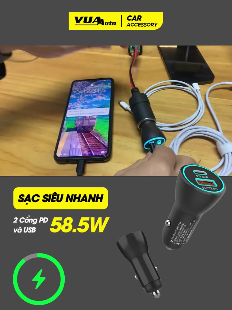 Tẩu sạc nhanh ô tô xe máy VuaAuto Type C 58,5W cổng sạc hỗ trợ USB PD 12V/24V sạc tiện lợi cho điện thoại laptop | BigBuy360 - bigbuy360.vn