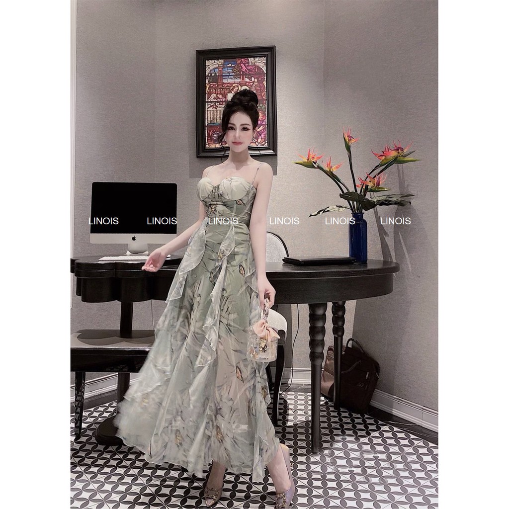 [CH13] Đầm Voan Hoa 2 Dây Đuôi Bèo Xòe Chíp Eo Nơ Lưng - Vải Voan - 2 Màu Xanh, Nude - Dành Cho Nàng Đi Chơi, Dự Tiệc