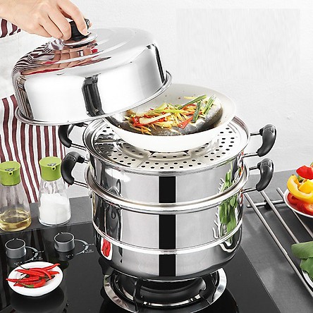 Nồi hấp inox 3 tầng🎈free ship🎃 không gỉ đa năng cỡ lớn - Xửng hấp kiêm luộc - hấp cách thủy nồi cao cấp inox dày