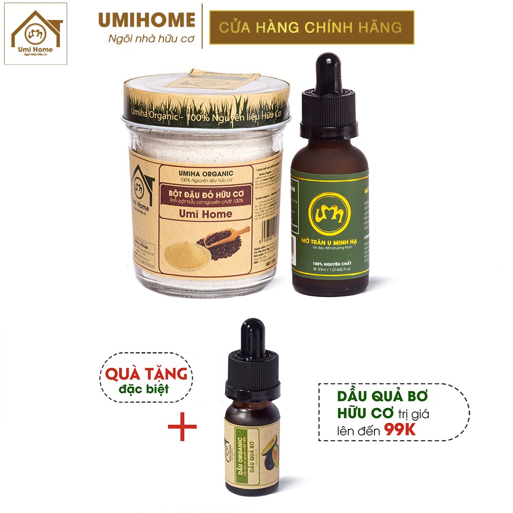 Combo Ngăn Ngừa Viêm Nang Lông vàTẩy Da Chết UMIHOME gồm Bột Đậu Đỏ 125g, Mỡ Trăn 30ml hữu cơ.  Tặng Dầu Quả Bơ 10ml