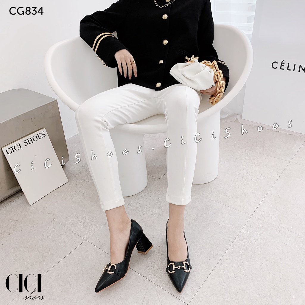 Giày cao gót nữ CiCi Shoes gót vuông 5cm, giầy da lì mũi xích vàng - CG834