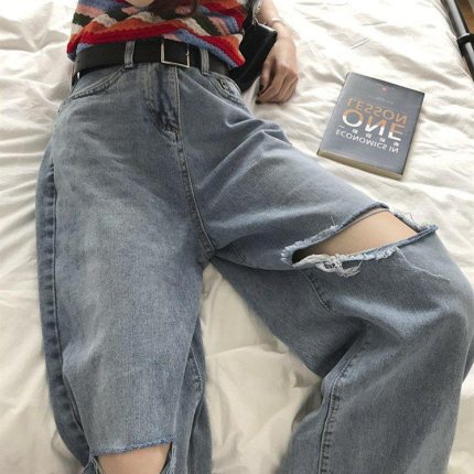 Quần jean rách SUXI ống rộng lưng cao màu trơn phong cách Hàn Quốc dành cho nữ
