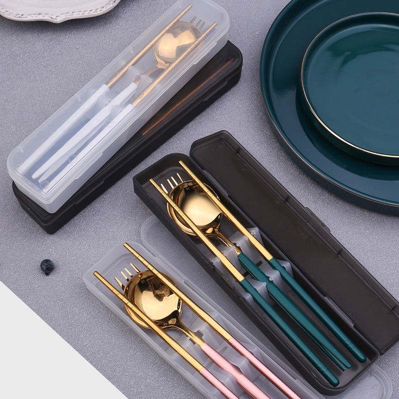Bộ Muỗng Đũa Nĩa Thìa Inox 304 Mạ Vàng Dụng Cụ Ăn Cơm Trưa Văn Phòng Dã Ngoại Cá Nhân