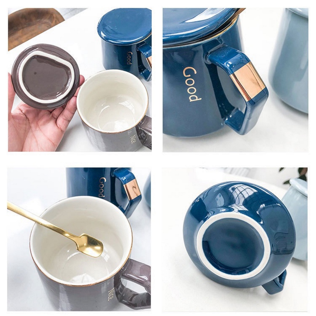 Cốc sứ uống nước, cafe cao cấp 400ml có nắp đậy, ly sứ văn phòng kèm thìa vàng